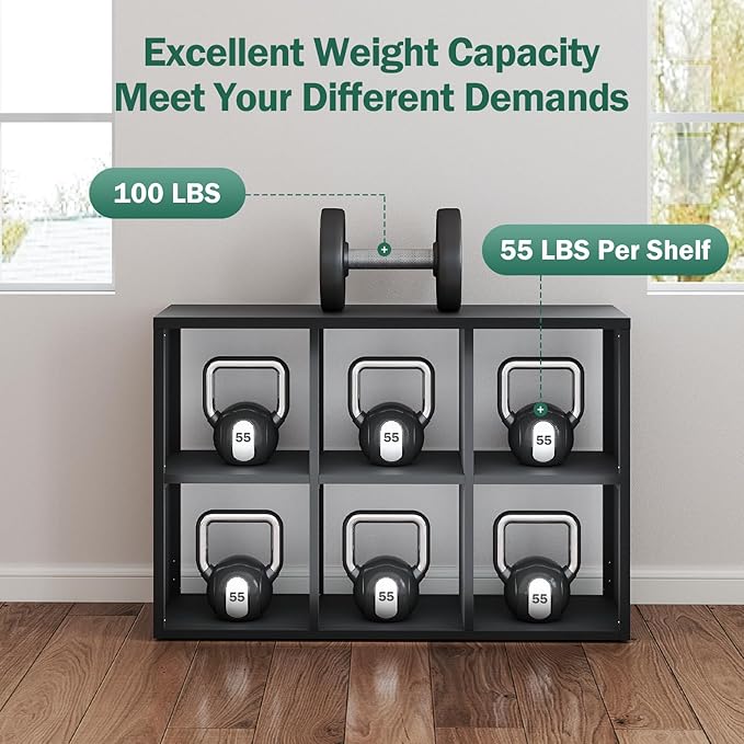 IRONMIX Metal Cube Storage Organizer, Short Bookshelf with Storage, 2 Tier Black Bookshelf, Modern Horizontal Cube Shelf, Short Display Cabinet Bookcase for Home Office Library (Black, 1037-2 Set)