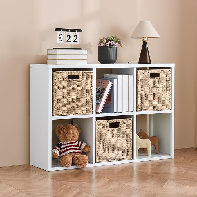 IRONMIX White Cube Storage Organizer with Shelves, Metal Short Bookshelf with Storage, Modern Horizontal Bookshelf, Short Display Cabinet Cube Bookcase for Home Office Library (White, 1037-2 Set)