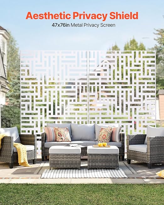 VEVOR Metal Privacy Screen, 47" W x 76" H Outdoor Privacy Screens 3-Panel, Freestanding Outdoor Divider with Stand, Decorative Garden Steel Privacy Fence for Balcony Patio Indoor Room Hot Tub White