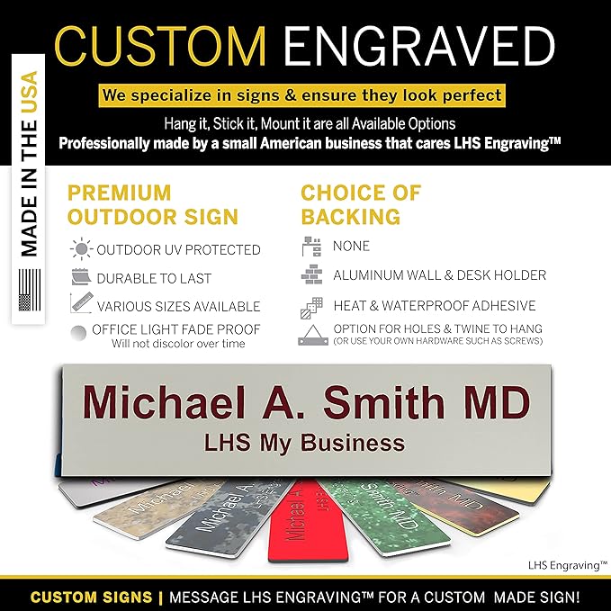 Engraved Name Plates for Door Sign Personalized Gray Plastic Plaque with Maroon Letters - Made in USA 2x4 B21