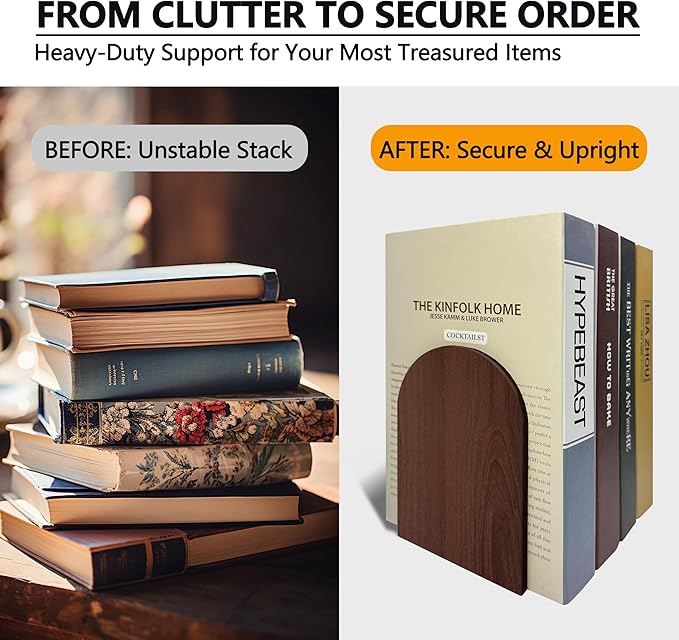 Brosisincorp Walnut Wood Book Ends for Shelves - Hand Polished Edges, Non-Skid Bookends for Heavy Duty Book Holders Office Desk Shelves Decorative Book Organizer, 6.69"H x 4.72"W x 3.94"L (2 Pairs)
