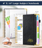 Spiral Notebook Journal with Removable Dividers Tabs, 300 Pages Hardcover Leather 5 Subject College Ruled Notebook, 8"x10" Large B5 Lined Journal for Women Men, Spiral Notebooks for Work School, Black