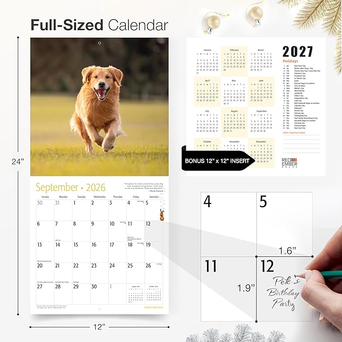 RED EMBER Golden Retrievers 2026 Wall Calendar 12 Month | 12" x 24" Open | Thick & Sturdy Paper | Holiday Gift | Cute Puppy Dog Calendar 2026
