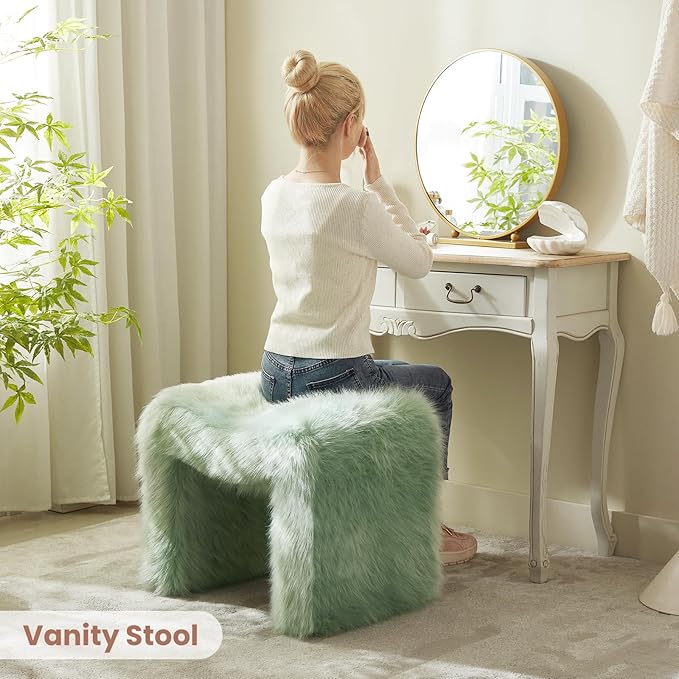 ZYKZYK Modern Vanity Stool Ottoman, Backless Faux Fur Small Footstool for Makeup Room, Living Room, Bedroom, Entryway Portable and Comfortable Seating (Single Piece) Green