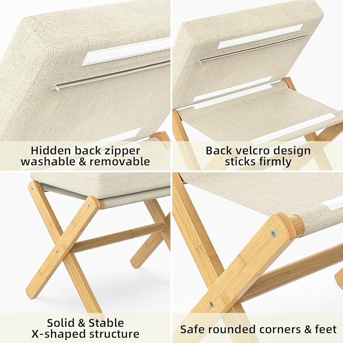 BAMBOOHOMIE Foldable Foot Stool Ottoman, Modern Foot Rest with Bamboo X Legs & Thick Foam Cushion, Folding Foot Stools Small Padded for Bedroom Living Room, Footstool for Chair Couch (Natural - Beige)