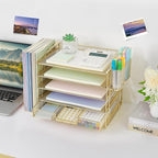OPNICE Desk Organizer, 5-Tier Paper File Organizer with Drawer & Pen Holder, Office Desk Accessories, Workspace Desktop Organizer for Office Supplies(Gold)