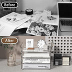 FANXIYQ 4-Tier Stackable Paper Tray Organizer for Desk with Detachable Hanging Pen Cup - Durable PET Desktop Paper Organizer, Space-Saving Desk Accessory
