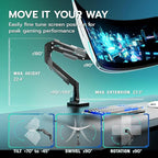 ARES WING Heavy Duty Single Monitor Arm - Gas Spring Aluminum Monitor Mount for 24"-57" Ultrawide Screens up to 66 lbs with Clamp/Grommet Desk Mount, 75/100/200 Vesa Mount, Black