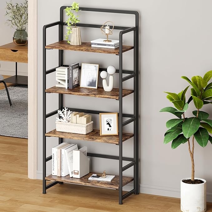 THKKY No Assembly Folding Bookshelf, 4 Tiers Collapsible Book Shelf for Home Office, Vintage Wood Foldable Bookcase Storage Organizer for Living Room Bedroom (Rustic Brown)