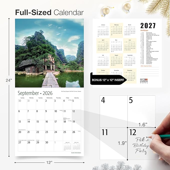 RED EMBER Exotic Destinations 2026 Wall Calendar 12 Month | 12" x 24" Open | Thick & Sturdy Paper | Holiday Gift | World Travel Calendar 2026