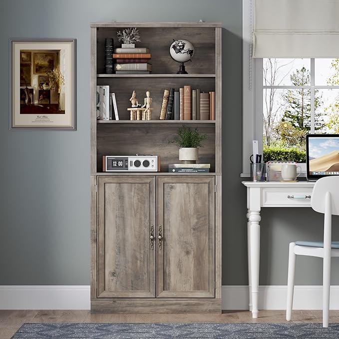 BORNOON 71.4" Tall Bookshelf with Cabinet, 5-Tier Floor Standing Bookcase with Doors & Adjustable Shelves, 31.5" Wide Storage Shelf, Metal Handles, Modern Organizer for Home Office, Living Room