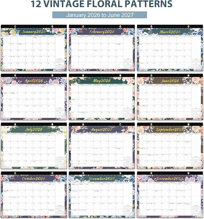 Desk Calendar 2026, Monthly Desktop Large Calendar (Jan 2026 - Jun 2027) 17" x 12" Desk Wall Planner for Family Teacher School Office Supplies, Vintage Floral