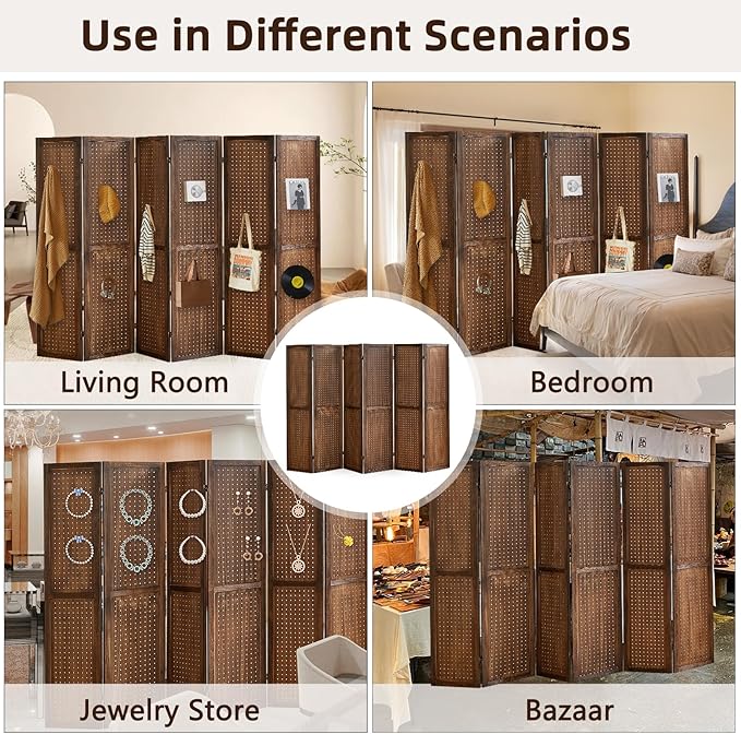 Aleesing 6 Panel Pegboard Display with 24 Hooks,Partition Room dividers, Wooden Room Divider Wall and Folding Privacy Screens, Pegboard Room Divider, Bedroom, Balcony, Dark Brown