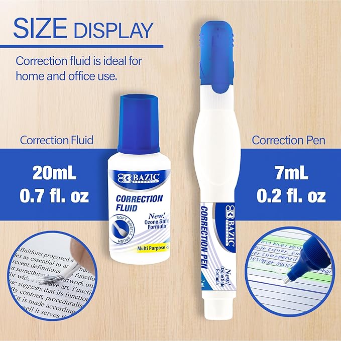 BAZIC Products Correction Fluid, Soft Bristle Brush & Precise Metal Tip Applicator, Fine Point Corrections Pen White Out Wipe Out Liquid (2/Pack), 2-Packs