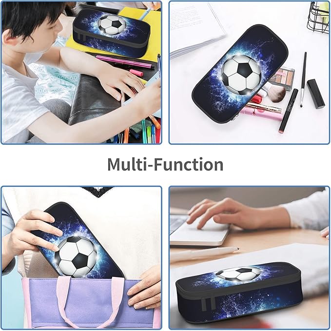 YIJIUWKIS Boys Pencil Pouch with Soccer Ball, Sports Pencil Case Pencil Box for Kids, Big Capacity Black Blue Pencil Holder Pen Bag Storage Organizer Stationery Bag with Zippers