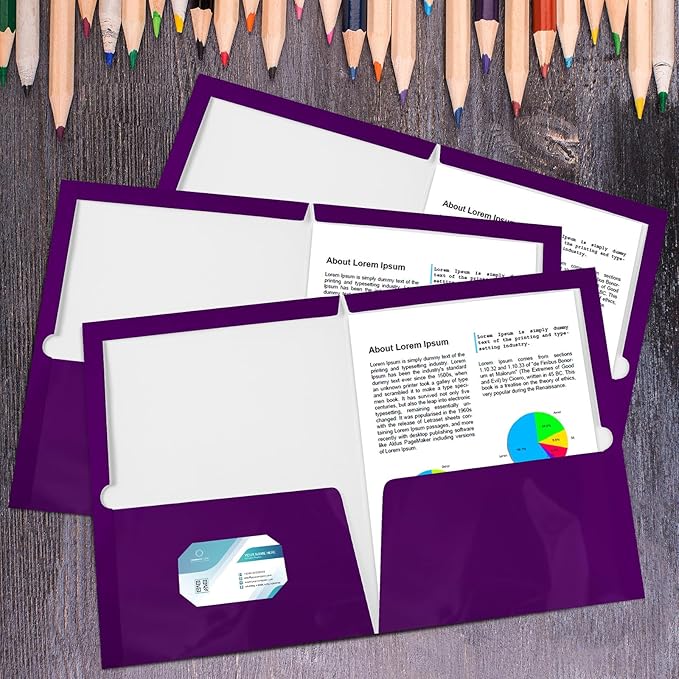 Yeaqee 200 Pack 2 Pockets Glossy Laminated Paper Folder First Day of School Presentation Folder Letter Size Two Pocket File Portfolio Holder Back to School Items Bulk for Teacher Office (Purple)
