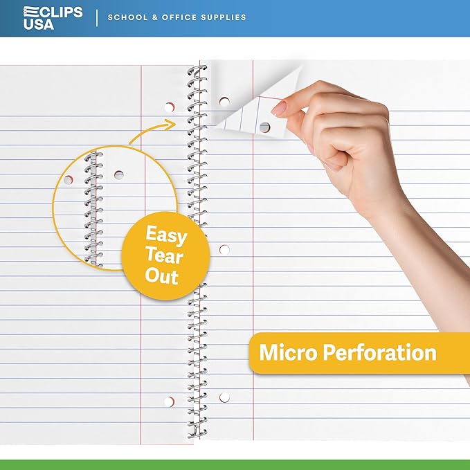 E-CLIPS USA Spiral Notebook, Wide Ruled Notebooks (6 Pack), 70 Sheets, Single Subject, Notebooks Bulk, 6 Color Assortment, 3 Hole Perforated Sheets (6, Wide Ruled)