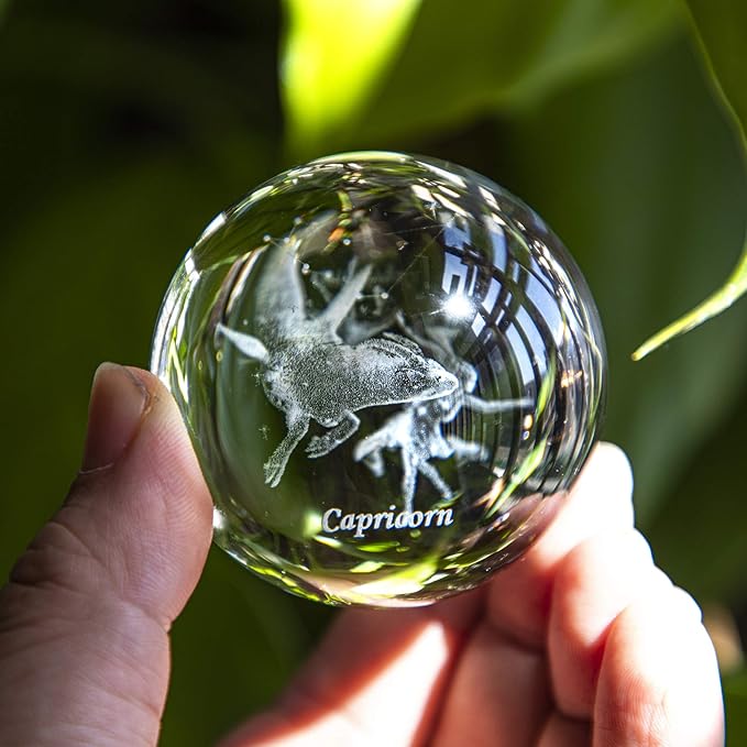 3D Laser Constellation Ball Crystal Paperweight Full Sphere Glass Fengshui with Sliver-Plated Flowering Stand(Capricorn)