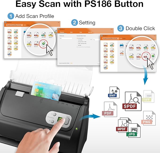 Plustek PS186 Desktop Document Scanner, with 50-Pages Auto Document Feeder (ADF). for Windows 7/8 / 10/11 (Intel/AMD only)
