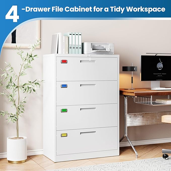 PEUKC 4 Drawer File Cabinet, Lateral Filing Cabinets for Home Office, Office Storage Drawers with Lock, Hanging Files Legal/Letter A4 Size (Assemble Required,White)