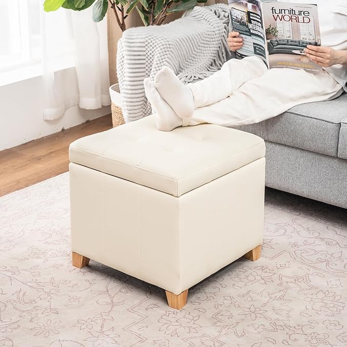 Asense 17 Inch Storage Ottoman Foot Rest,Square Faux Leather Foot Stool,Small Ottoman with Storage,Padded Seat for Entryway,Living Room,Bedroom,Couch,Under Desk,Beige