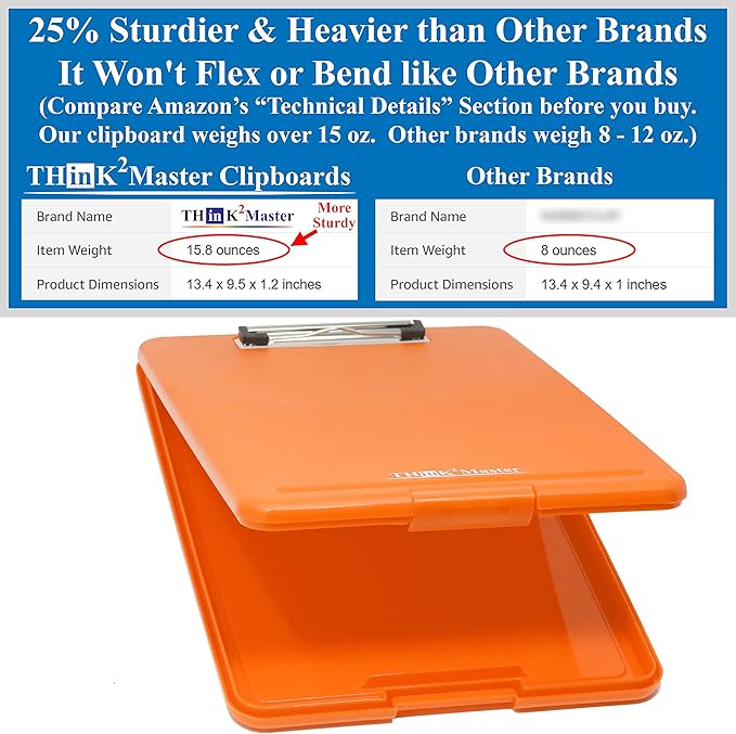 Think2Master Orange Plastic Storage Clipboard. | 25% Heavier & 25% Sturdier| Heavy Duty and Won’t Flex or Bend Like Other Brands (Compare The Weight). Storage Compartment Holds 150 Letter Sized Paper.