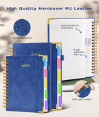 Hardcover Spiral Notebook journal with Removable Dividers Tabs, 300 Pages Leather 5 Subject Notebook College Ruled, 100GMS A5 Notebooks for Work School Note taking,Lined Journal for Women,A5 Navy