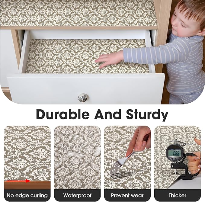 ALIUNI Drawer and Shelf Liner, Non-Slip Kitchen Cabinet Liners Non-Adhesive Thick Strong Grip Waterproof Washable Mats Protect Dresser Shelves Cupboard Bathroom Cabinets, Boho: Beige, 18 in X 20 FT