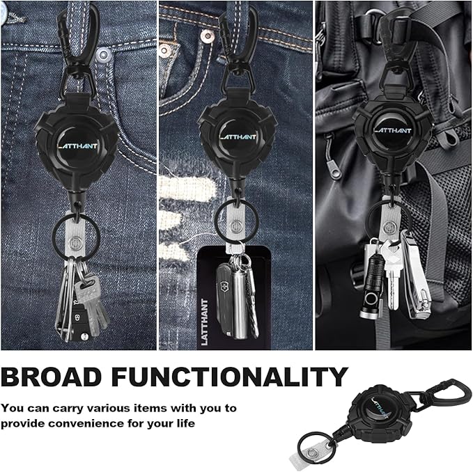 LATTHANT id Badge Holder Retractable Clip, 2 Pack Heavy Duty Retractable Keychain with 31.5 in Smooth Steel Cord, Durable 360-degree Rotating Carabiner Badge Holders for Work, Fishing, 9 oz