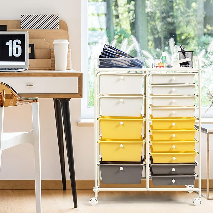 DORTALA 15-Drawer Rolling Storage Cart with Drawers, Rolling Utility Cart w/Removable Drawers & Universal Wheels, Tools Scrapbook Paper Organizer for School, Office, Home, Classroom (Yellow)