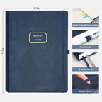 EMSHOI Meeting Notebook for Work with Sticky Tabs - 240 Pages, A4 Size Project Planner, PU Leather Meeting Agenda/Minutes Organizer for Women Men, Note Taking, Office & Business, 8.3"x11.7", Blue