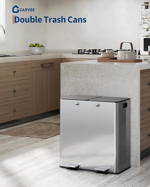 Garvee Trash Can, 16 gal Dual Compartment Stainless Steel Kitchen Trash Can for Recycling, 8+8 gal Plastic Inner Buckets and Quiet Close, Brushed, Airtight, Silver