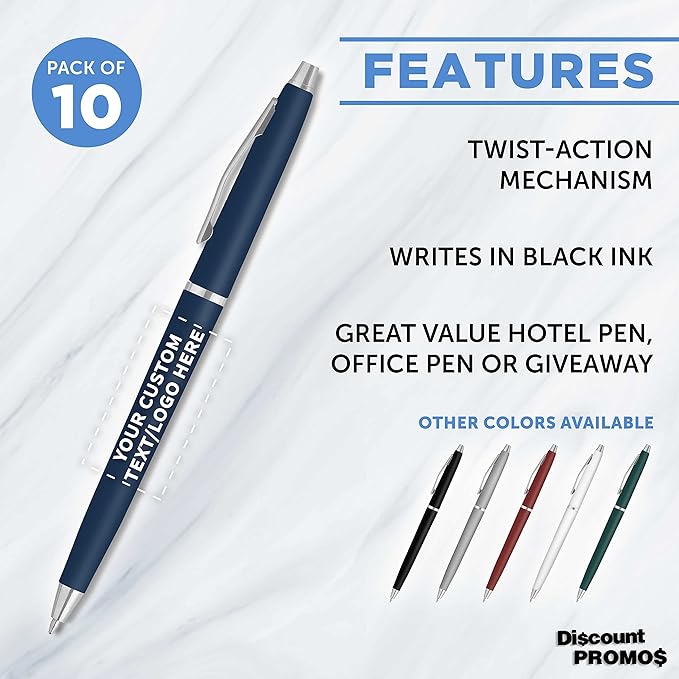 DISCOUNT PROMOS Custom Langham Ballpoint Pens Set of 10, Personalized Bulk Pack - Black Ink, Great for Office, School, Business, Tradeshows - Navy Blue