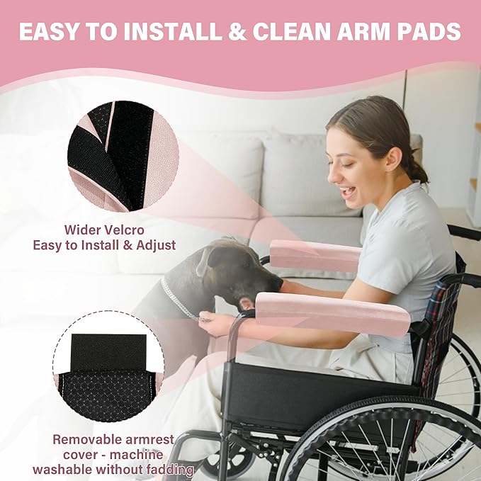 SPRING SEAON Wheelchair Armrest Covers (Pair) - Suede Velvet Memory Foam Accessories Pads for Wheelchair Arm Rest, Office Transport Chairs, Soft Support Cushion for Mobility Aids (Pink)