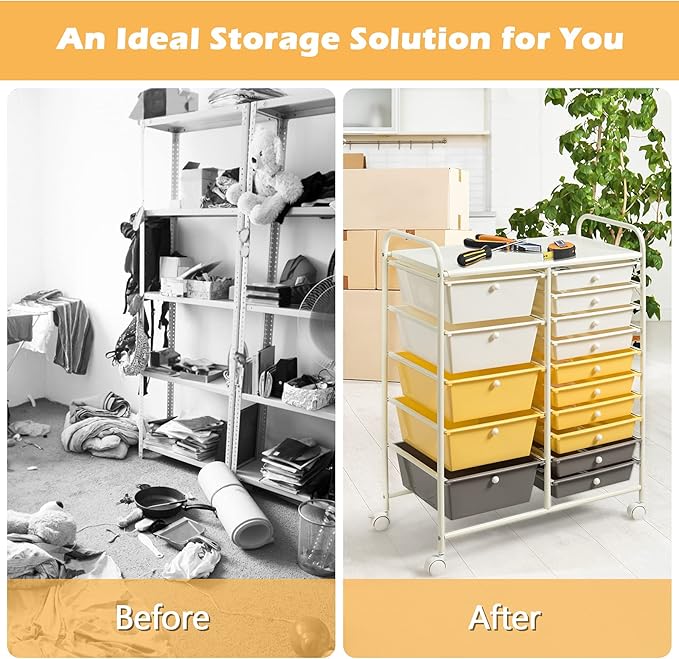 GOFLAME 15-Drawer Rolling Storage Cart, Craft Storage Cart with Removable Drawers & Lockable Wheels, Art Cart Supply Storage Organizer for Home Office Classroom, Yellow