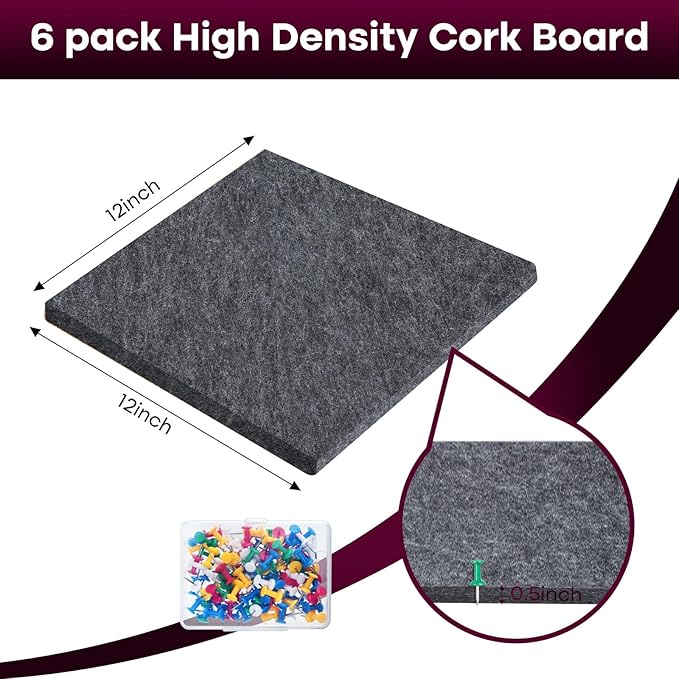 Bouiexye Felt Cork Board Tiles 6 Pack Grey Bulletin Boards 12"x12" - 1/2" Thick Corkboards for Wall Bulletin Board Self Adhesive with 100 Push Pins for Wall School Home Office