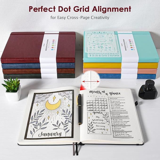 OFFIGIFT Dotted Journal Notebook, 312 Numbered Pages Large B5 Hardcover Leather Notebook, 100gsm No Bleed Paper Dot Grid Notebook with Index Pages, Dot Journal for Women Men, 7.6'' X 10'', Burgundy