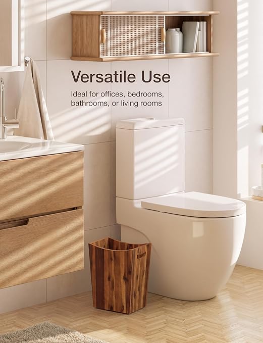 Tidita 2 Gallons Rectangular Wastebaskets - Acacia Wood Waste Basket with Handles - Small Trash Can for Bathroom - Brown Garbage Bin for Spa Bathroom Decorative, Kitchen Counter, Living Room (Walnut)