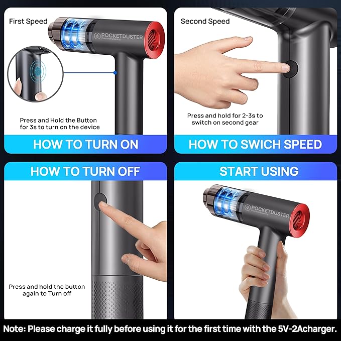 PocketDuster 2-in-1 Compressed Air Duster and Mini Vacuum Cleaner with 150000 High RPM - Powerful Brushless Motor for Desktop, Keyboards, Laptop, Dryer and Electronics