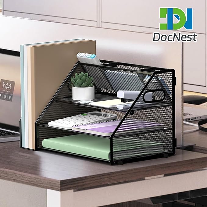 Docnest 3 Tier Metal Mesh Desk Organizer - Letter Tray with Built-in Pen Holder & Handle, Black