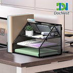 Docnest 3 Tier Metal Mesh Desk Organizer - Letter Tray with Built-in Pen Holder & Handle, Black