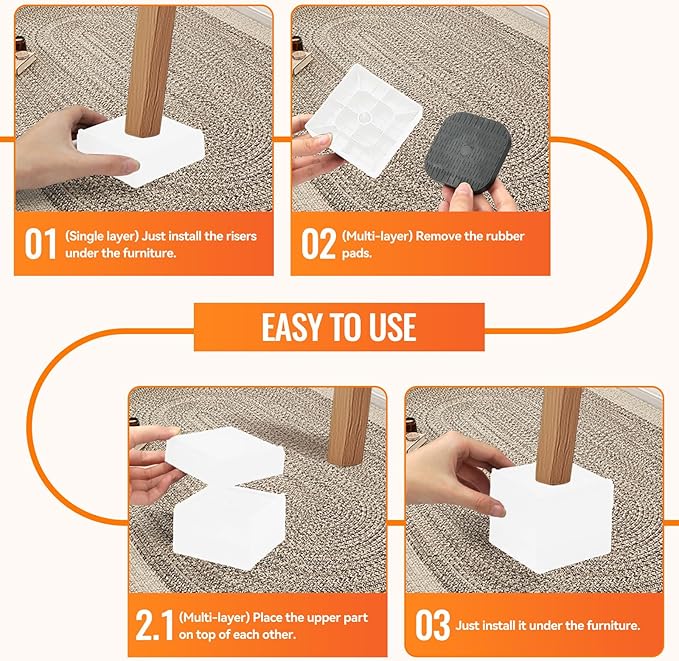 shouwuhho Furniture Risers, 4 Pack Bed Risers with Non-Slip Grip and Heavy Duty Support, 1 Inch 2 Inch 3 Inch 4 Inch Height Lift for Couch, Sofa, Table, Desk, Chair, Refrigerator - White, 1+1 Inch