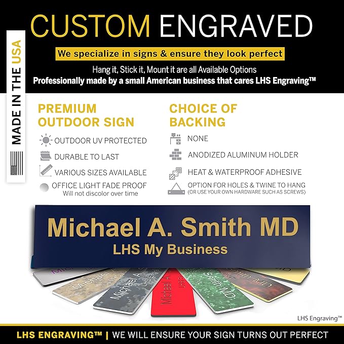 Custom Name Plate for Doors, with Choice of Mounting Holders for Walls, Doors, Cubicles, Hanging and More - Personalized Navy Blue Plastic Gold Letters - USA Made 2x6 - B10