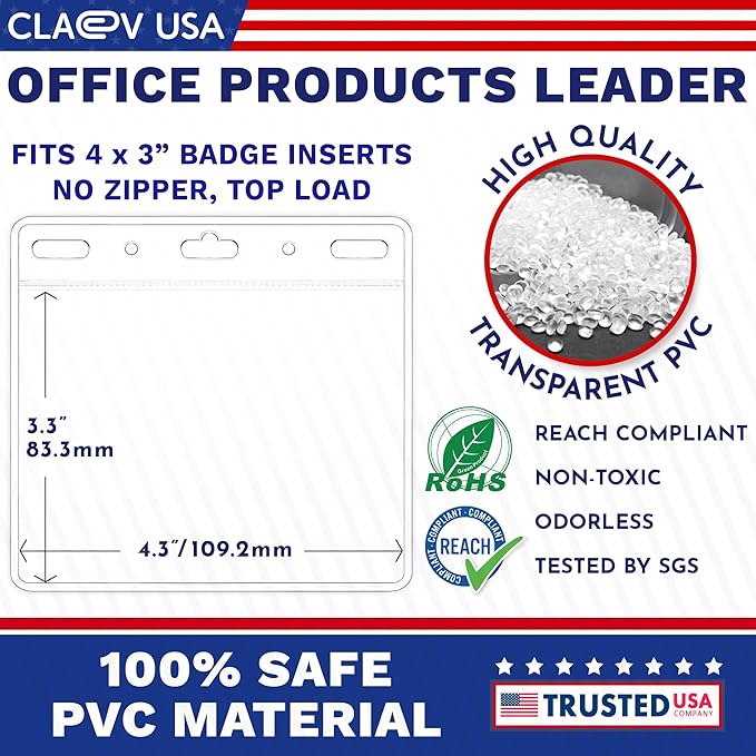 Claev - Horizontal Flexible and Tear Resistant Card Protector - Clear, 4x3 Inch, 250 Pack - Large Easy Open Plastic ID Name Badge Holders for Conferences, Conventions, Offices & Schools