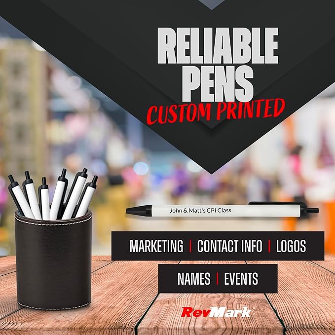 RevMark Personalized Ballpoint Pen, Custom Printed Name, Business or Event Information, Timeless Advertising, USA Made Pens, Promotional Marketing, Smooth Black Ink, Bulk Pack (Black,100 Ct.)