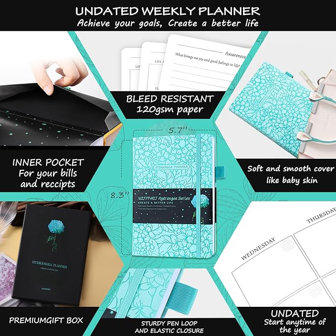Undated Luxurious Weekly & Monthly Planner to Increase Productivity Hit Your Goals, Organizer Notebook Gratitude Journal Time Management Start Anytime, A5, Lasts 1 Year