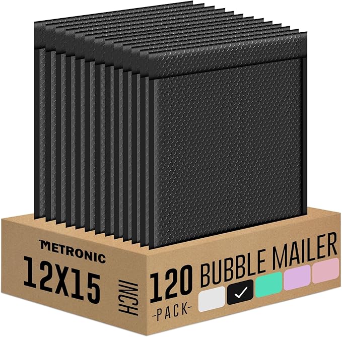 Metronic 120Pack Large Bubble Mailers 12x15 Inch Black Waterproof Padded Envelopes Opaque Bubble Mailer Cushioning Bubble Envelopes for Shipping Clothes, Books,Jewelry Makeup Supplies