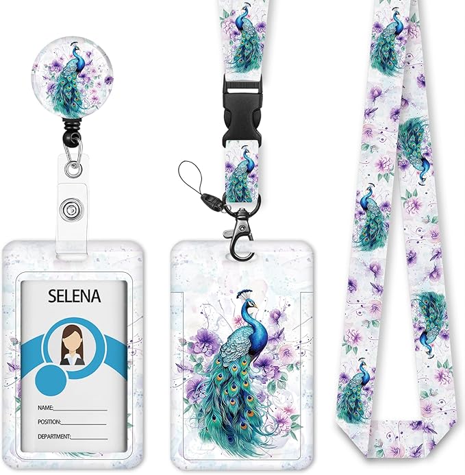 Peacock Lanyards for ID Badges, Badge Holder with Lanyard Detachable, Badge Reel Retractable Keychain Clip, Vertical Cruise Ship Cards Holder Protector Name Tags, Teacher Nurse Office Women Gifts