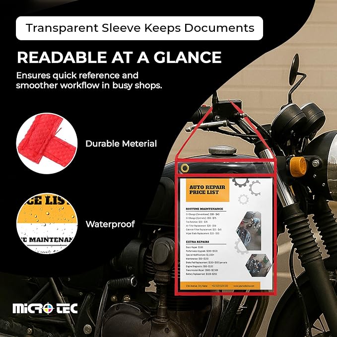 MICRO TEC Repair Order/Work Ticket Holders – Heavy-Duty Vinyl Sleeves with Red Handle – 11" x 13" for Automotive Repair Orders, Job Tickets, Documents – Pack of 25 – Clear w/Red Handle