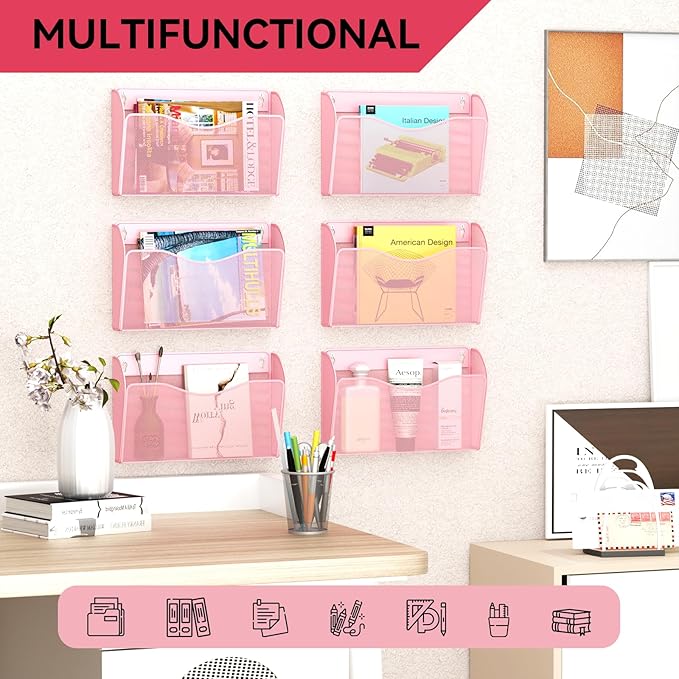 GDINDINFAN 3 Single Pocket Wall File Holder, Mesh Hanging File Folder Paper Organizer, Vertical Wall Mounted Mail Basket, Storage Organization Magazine Rack for Office, Home and School, Pink
